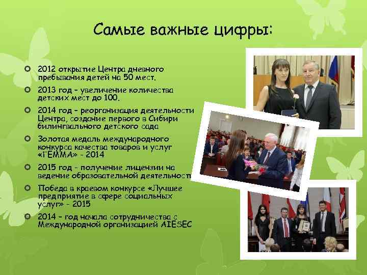 Самые важные цифры: 2012 открытие Центра дневного пребывания детей на 50 мест. 2013 год