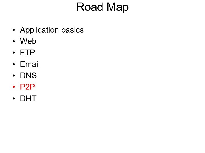 Road Map • • Application basics Web FTP Email DNS P 2 P DHT