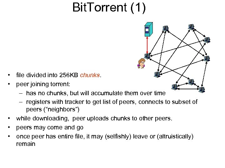 Bit. Torrent (1) • file divided into 256 KB chunks. • peer joining torrent: