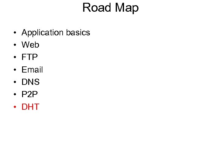 Road Map • • Application basics Web FTP Email DNS P 2 P DHT