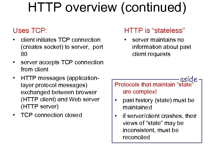 HTTP overview (continued) Uses TCP: HTTP is “stateless” • client initiates TCP connection (creates