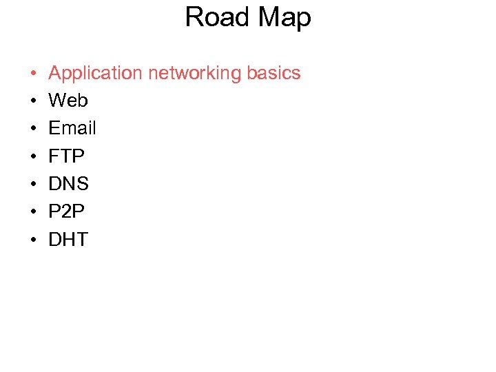 Road Map • • Application networking basics Web Email FTP DNS P 2 P