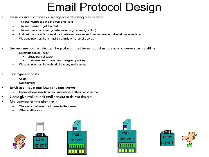 Email Protocol Design • Basic assumption: weak user agents and strong mail servers –