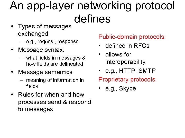 An app-layer networking protocol defines • Types of messages exchanged, – e. g. ,
