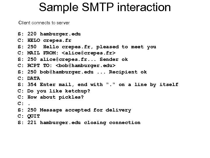 Sample SMTP interaction Client connects to server S: C: S: C: C: C: S: