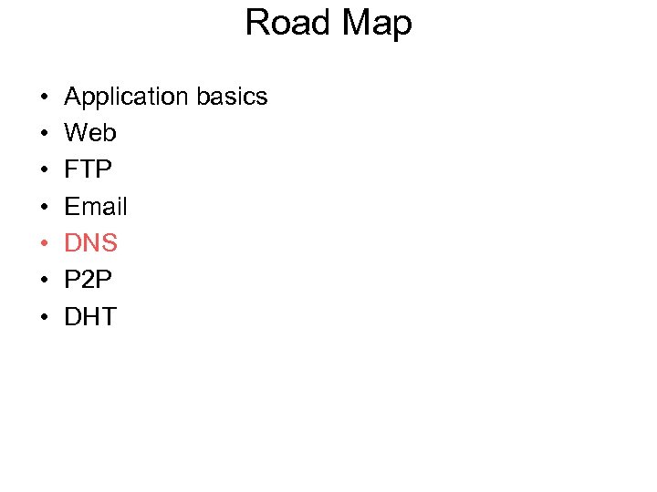 Road Map • • Application basics Web FTP Email DNS P 2 P DHT