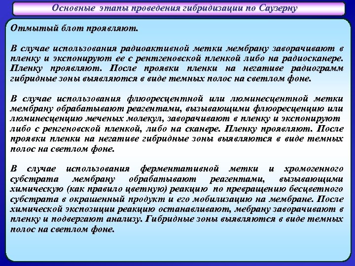 Основные этапы проведения гибридизации по Саузерну Отмытый блот проявляют. В случае использования радиоактивной метки