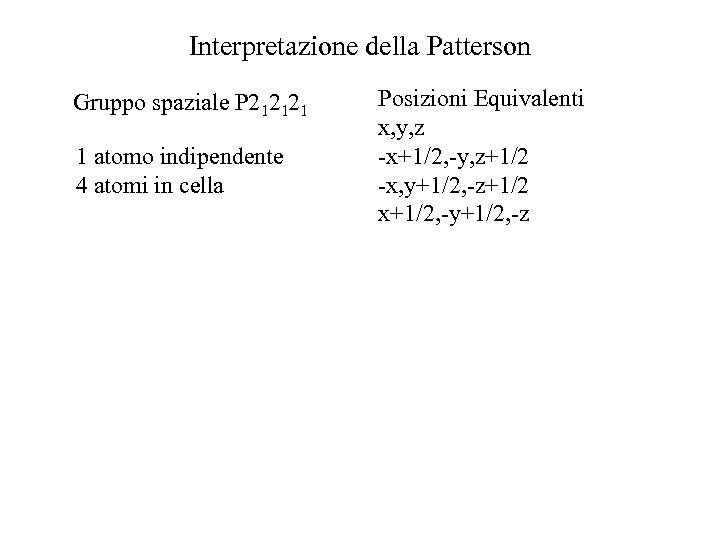 Interpretazione della Patterson Gruppo spaziale P 212121 1 atomo indipendente 4 atomi in cella