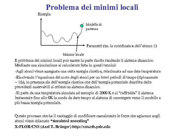 Problema dei minimi locali Energia Modello di partenza Parametri (es. la coordinata x dell’atomo