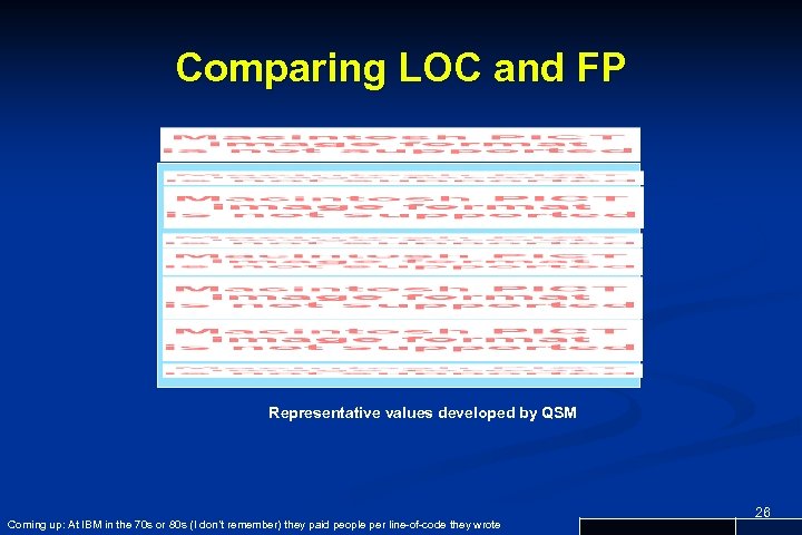 Comparing LOC and FP Representative values developed by QSM Coming up: At IBM in
