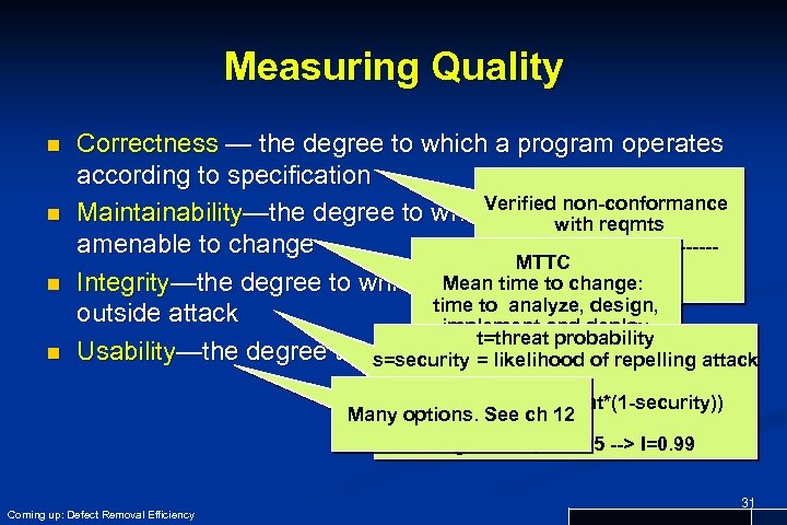 Measuring Quality n n Correctness — the degree to which a program operates according