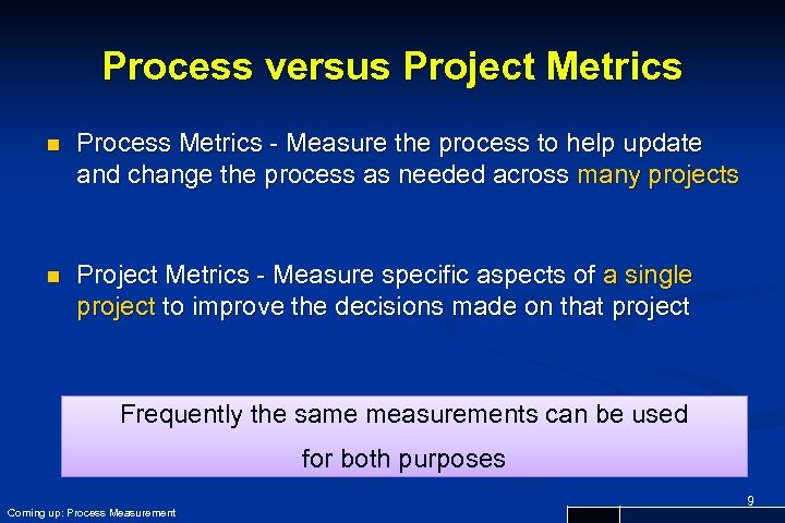 Process versus Project Metrics n Process Metrics - Measure the process to help update