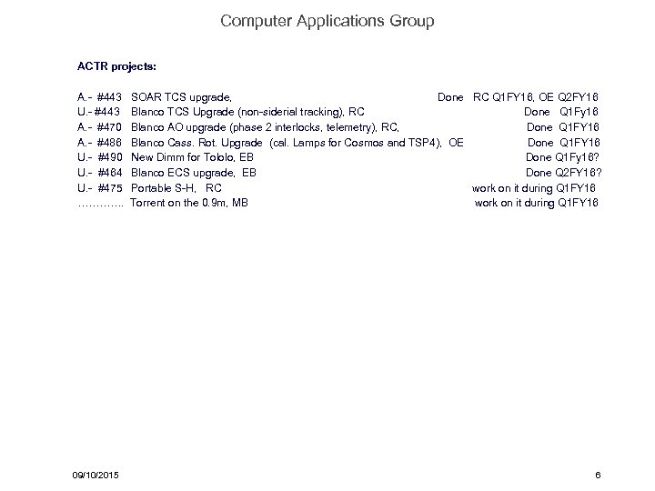 Computer Applications Group ACTR projects: A. - #443 SOAR TCS upgrade, Done RC Q