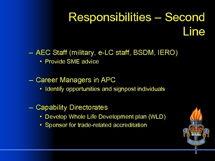 Responsibilities – Second Line – AEC Staff (military, e-LC staff, BSDM, IERO) • Provide