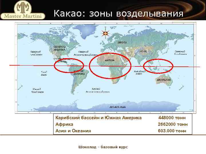 Какао: зоны возделывания Карибский бассейн и Южная Америка Африка Азия и Океания 448000 тонн