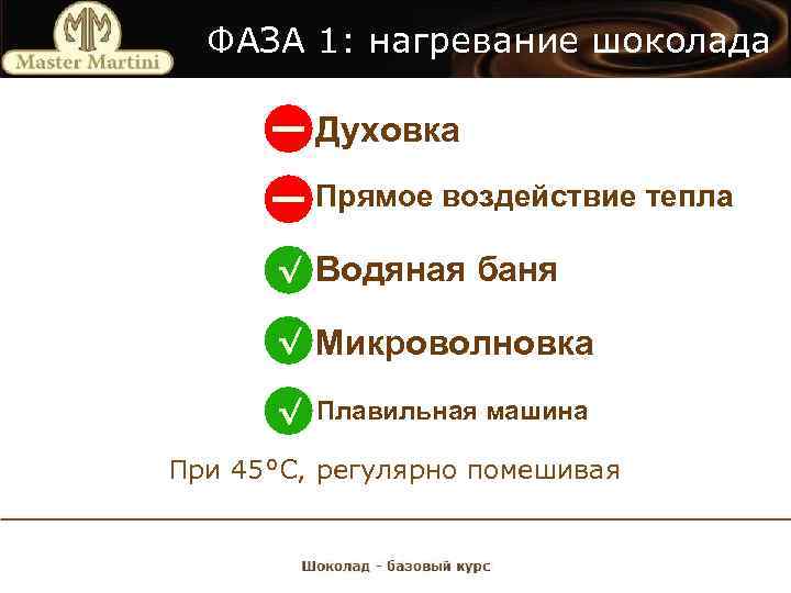 ФАЗА 1: нагревание шоколада Духовка Прямое воздействие тепла √ Водяная баня √ Микроволновка √