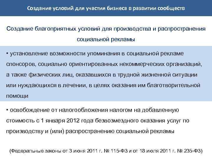 Создание условий для участия бизнеса в развитии сообществ Создание благоприятных условий для производства и
