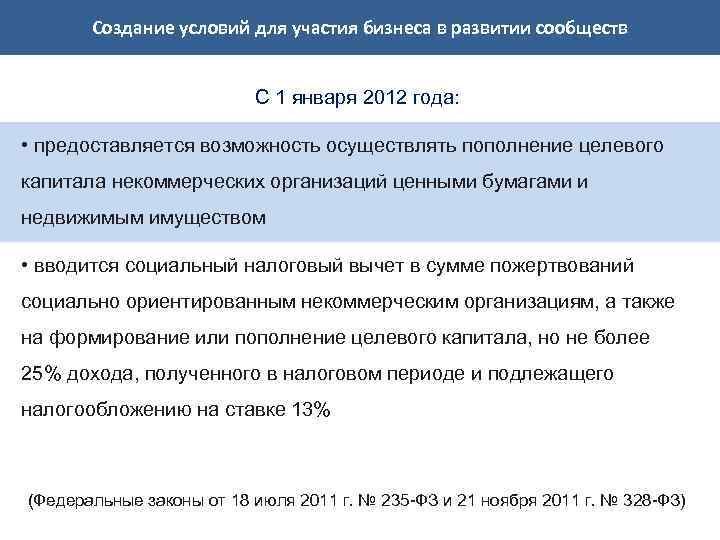 Создание условий для участия бизнеса в развитии сообществ С 1 января 2012 года: •