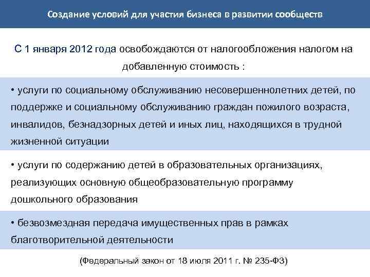 Создание условий для участия бизнеса в развитии сообществ С 1 января 2012 года освобождаются