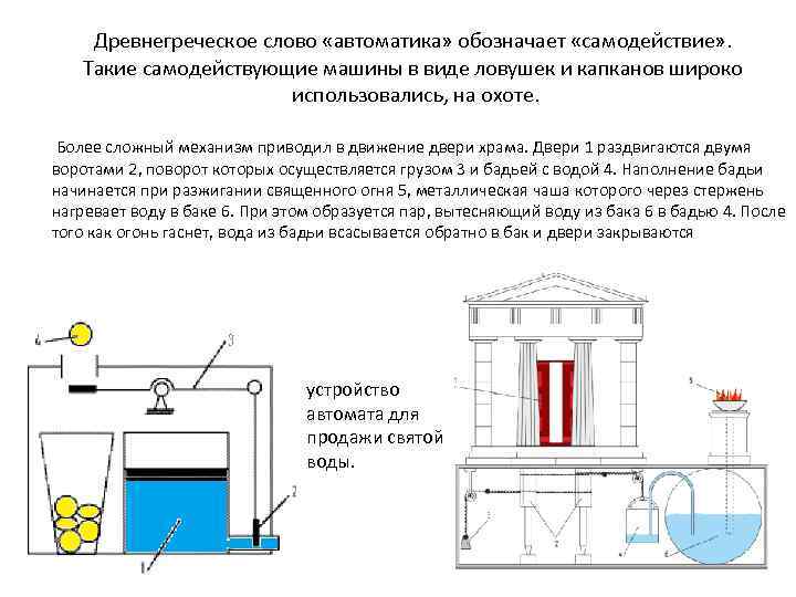 Древнегреческое слово «автоматика» обозначает «самодействие» . Такие самодействующие машины в виде ловушек и капканов
