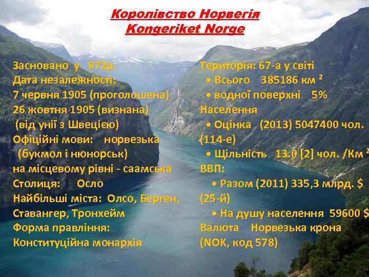 Королівство Норвегія Kongeriket Norge Засновано у 872 р. Дата незалежності: 7 червня 1905 (проголошена)