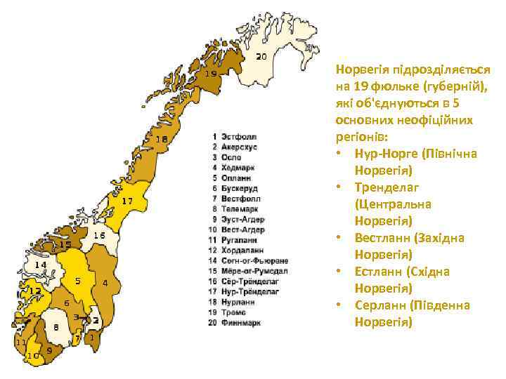 Норвегія підрозділяється на 19 фюльке (губерній), які об'єднуються в 5 основних неофіційних регіонів: •