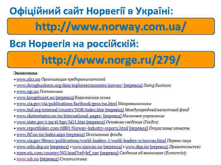 Офіційний сайт Норвегії в Україні: http: //www. norway. com. ua/ Вся Норвегія на россійскій: