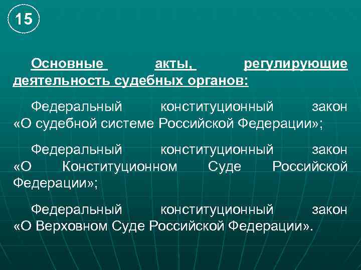 15 Основные акты, регулирующие деятельность судебных органов: Федеральный конституционный закон «О судебной системе Российской