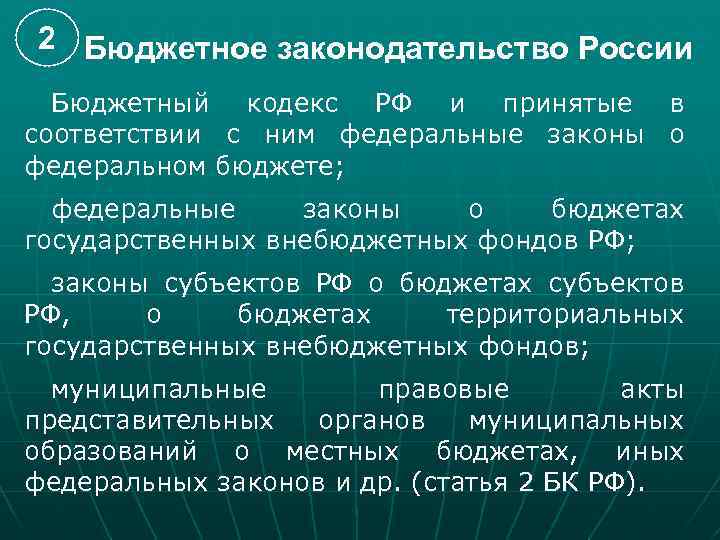 2 Бюджетное законодательство России Бюджетный кодекс РФ и принятые в соответствии с ним федеральные