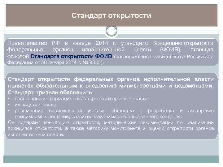 Стандарт открытости Правительство РФ в январе 2014 г. утвердило Концепцию открытости федеральных органов исполнительной