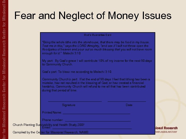 Fear and Neglect of Money Issues God’s Guarantee Card “Bring the whole tithe into