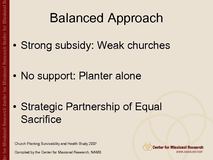 Balanced Approach • Strong subsidy: Weak churches • No support: Planter alone • Strategic