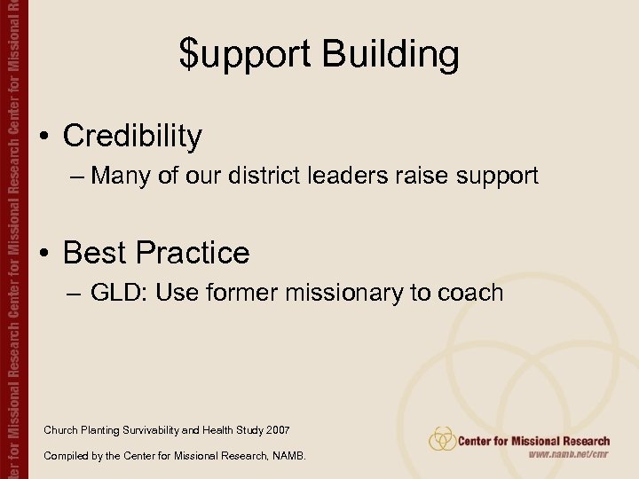 $upport Building • Credibility – Many of our district leaders raise support • Best
