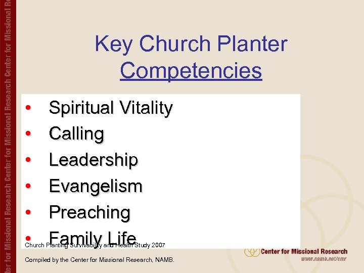 Key Church Planter Competencies • • • Spiritual Vitality Calling Leadership Evangelism Preaching Family