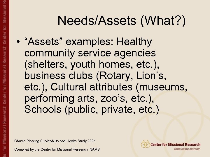 Needs/Assets (What? ) • “Assets” examples: Healthy community service agencies (shelters, youth homes, etc.