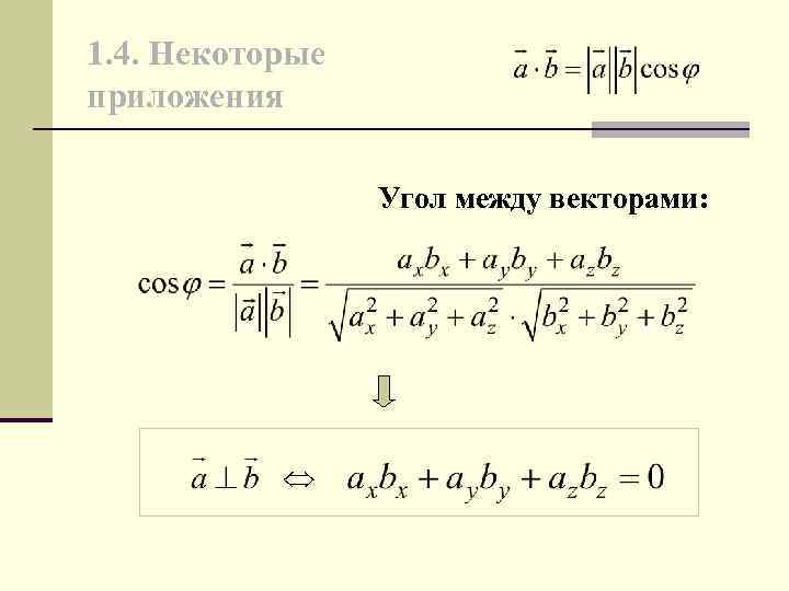 1. 4. Некоторые приложения Угол между векторами: 