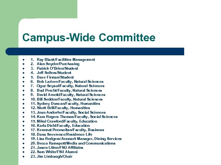 Campus-Wide Committee l l l l l l 1. Ray Blank/Facilities Management 2. Alan