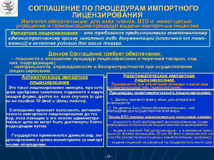 СОГЛАШЕНИЕ ПО ПРОЦЕДУРАМ ИМПОРТНОГО ЛИЦЕНЗИРОВАНИЯ Является обязательным для всех членов ВТО и имеет целью