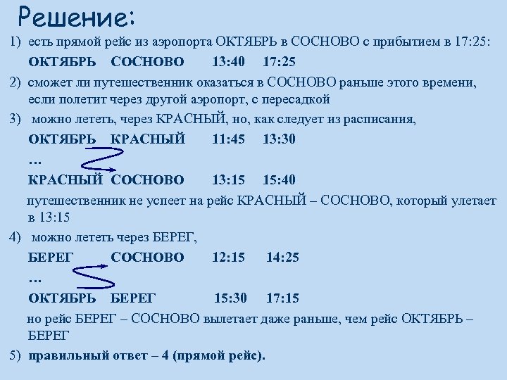 Решение: 1) есть прямой рейс из аэропорта ОКТЯБРЬ в СОСНОВО с прибытием в 17: