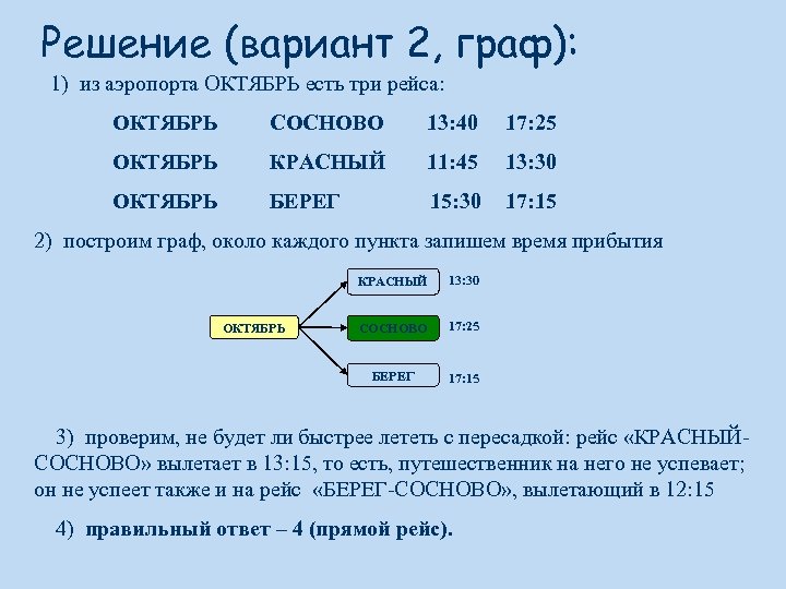 Решение (вариант 2, граф): 1) из аэропорта ОКТЯБРЬ есть три рейса: ОКТЯБРЬ СОСНОВО 13: