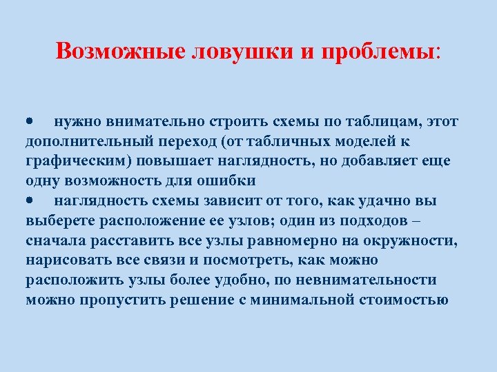 Возможные ловушки и проблемы: · нужно внимательно строить схемы по таблицам, этот дополнительный переход