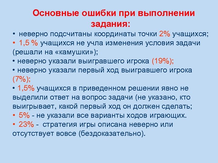 Основные ошибки при выполнении задания: • неверно подсчитаны координаты точки 2% учащихся; • 1,