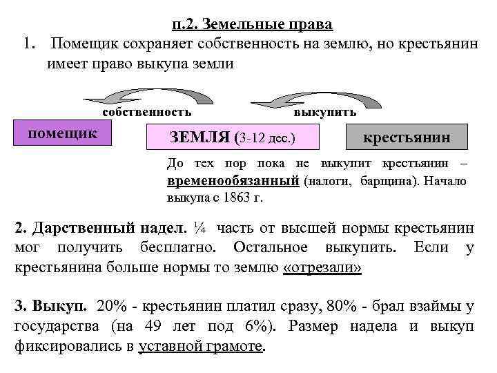 п. 2. Земельные права 1. Помещик сохраняет собственность на землю, но крестьянин имеет право