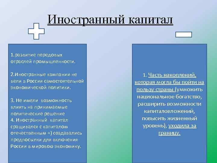 Иностранный капитал 1. развитие передовых отраслей промышленности. 2. Иностранные кампании не вели в России
