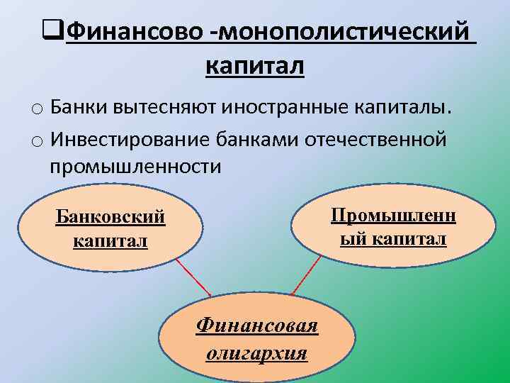 q. Финансово -монополистический капитал o Банки вытесняют иностранные капиталы. o Инвестирование банками отечественной промышленности