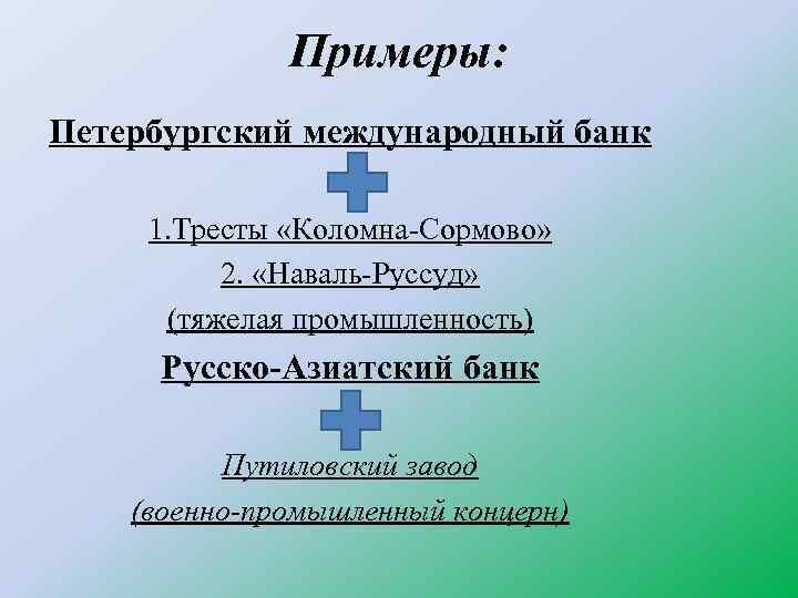 Примеры: Петербургский международный банк 1. Тресты «Коломна-Сормово» 2. «Наваль-Руссуд» (тяжелая промышленность) Русско-Азиатский банк Путиловский