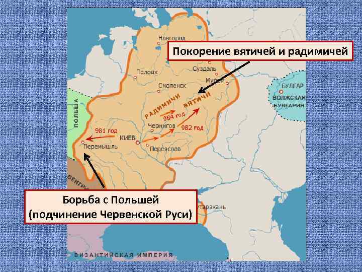 Покорение вятичей и радимичей Борьба с Польшей (подчинение Червенской Руси) 