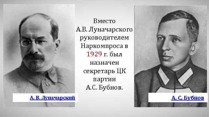 Вместо А. В. Луначарского руководителем Наркомпроса в 1929 г. был назначен секретарь ЦК партии