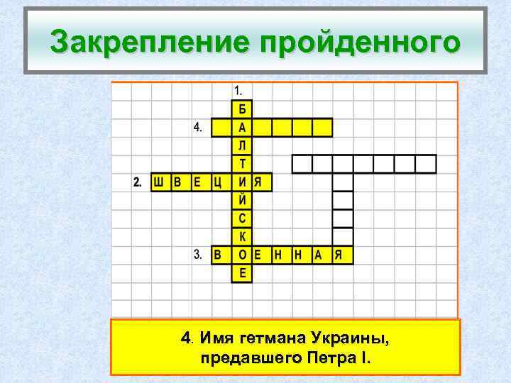 Закрепление пройденного 4. Имя гетмана Украины, предавшего Петра I. 