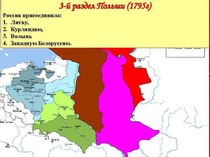 3 -й раздел Польши (1795 г) Россия присоединила: 1. Литву, 2. Курляндию, 3. Волынь